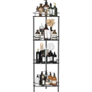 4-Tier Corner Free Standing Shower Caddy Organizer Rack with Hooks, Adhesive-Fixed Floor Shower Tower Shelf, Black