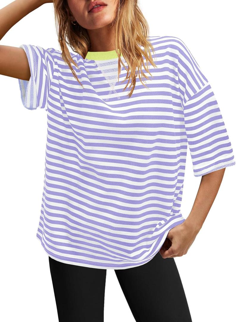 SENSERISE Womens Summer Tops Short Sleeve Sweatshirt Crewneck Striped T Shirt Oversized Basic Tees Casual Loose Fit (Small)