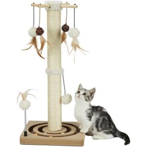 PEEKAB Cat Scratching Post Sisal Scratch Posts for Indoor Cats and Kittens with Tracking Ball Interactive Toys and Hanging Balls 25 Inches Beige