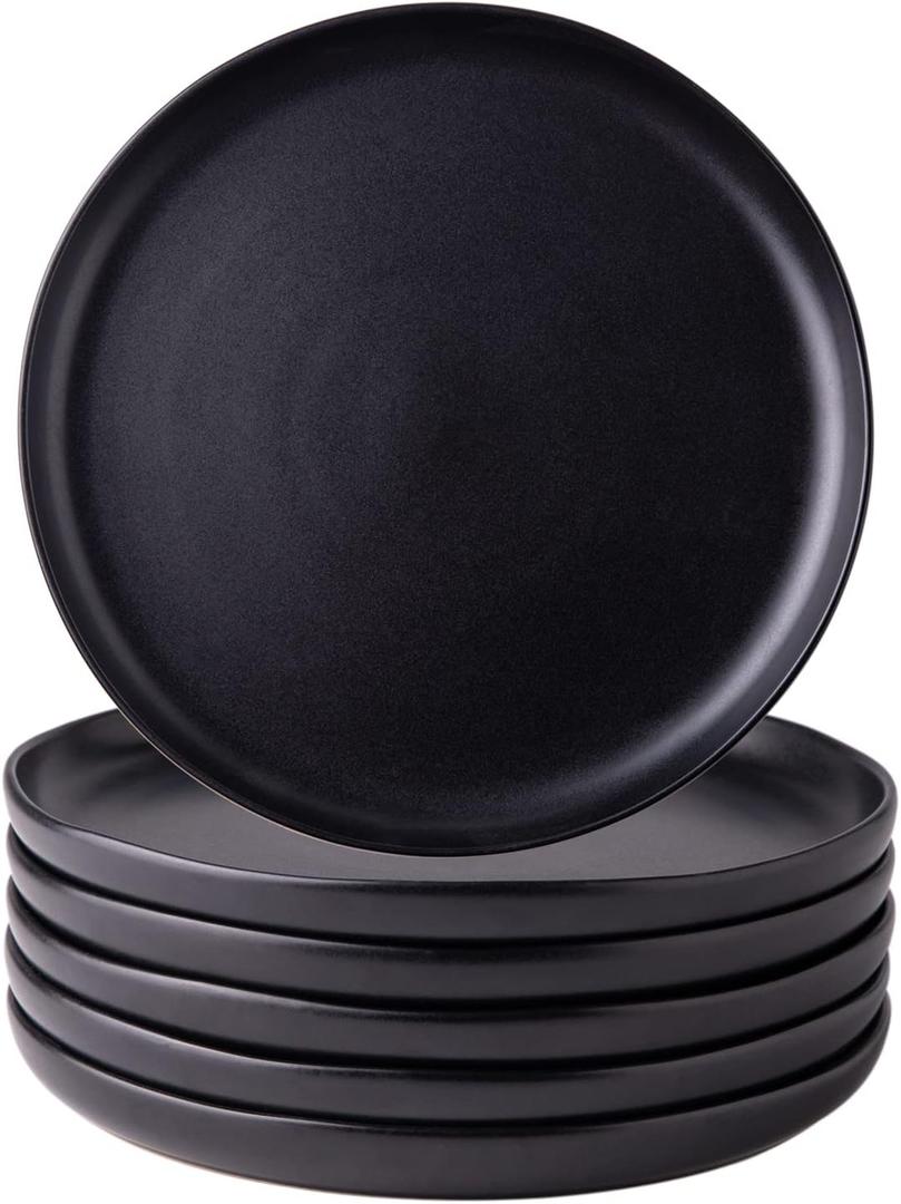 AmorArc Ceramic Dinner Salad Plates Set of 6, Wavy Rim 8.5 Inch Dish Set, The Dessert,Salad, Appetizer, Small Dinner etc Plate,Microwave, Dishwasher Safe, Scratch Resistant, Matte Black
