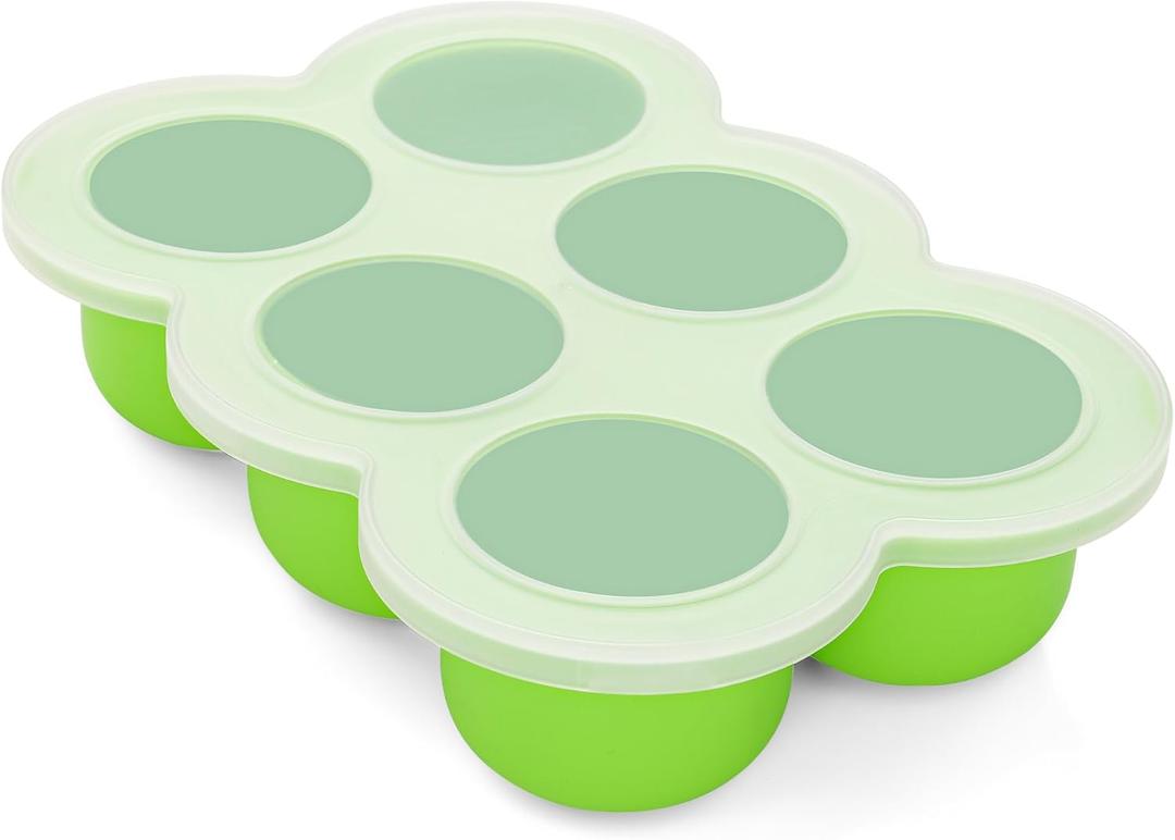 HIWOOD Baby Silicone Freezer Tray with Clip on Lid, 6 x 3 OZ Baby Silicone Freezer Molds, Silicone Storage Container for Homemade Baby Food, Fruit Purees & Vegetables (Bright Green)