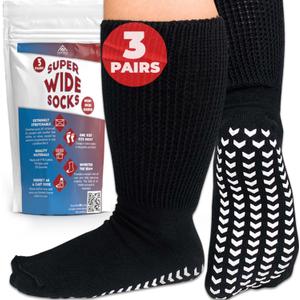 3 Pairs Extra Wide Socks for Swollen Feet - Non Slip Diabetic Socks for Men, Hospital Use (Black)