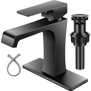 Bathroom Faucet Matte Black Single Hole Single Handle Vanity Sink Faucet Modern Waterfall Bathroom Faucet Commercial RV Faucet with Pop-Up Drain for 1 Hole - or 3-Hole 4-inch Bathroom Sink (Short, with pop-up drain)