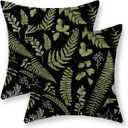 Green Leaf Plant Pillow Covers 18x18 Set of 2 Spring Tropical Fern Herbs Botanical Decorative Pillow Cases Vintage Leaves Floral Black Cushion Cover Decor Outdoor Throw Pillows for Couch Sofa
