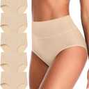 ASIMOON Tummy Control High Waisted Underwear for Women Cotton Plus Size Full Coverage Panties Ladies Briefs (X-Large, Beige-5 Pack)