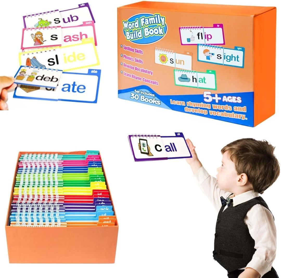 30 Read and Rhyme Flip Books, Word Family Build Book, ABC Vocabulary Flashcards, Alphabet Flashcards, Fun Reading & Rhyming Flipping Activity Books