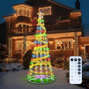 6ft 192 LED Multicolor Indoor Outdoor led Christmas Tree with Remote and Ribbon,8 Modes Lightshow Dimmable Artificial Christmas Cone Tree for Yard,Light Up Christmas Decorations for Indoor Outdoor