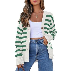 EVALESS Womens Striped Cardigan Sweaters Long Sleeve V Neck Lightweight Open Front Button Down Knit Cardigans (Small)