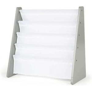 Humble Crew 4-Tier Kids Bookshelf, Grey Wood/White - Premium Book Shelf for Kids Rooms with Four Deep Pockets - Toddler Sling Book Rack with Deep Sleeves, Nursery Bookcase Organizer