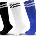 ZXOLDZX 3 Pairs Kids Soccer Socks Striped Knee High Tube Socks Football Uniform Sports Socks for Boys Girls 6-12 Years Old (One Size, 3Pairs-Black,White,Blue)