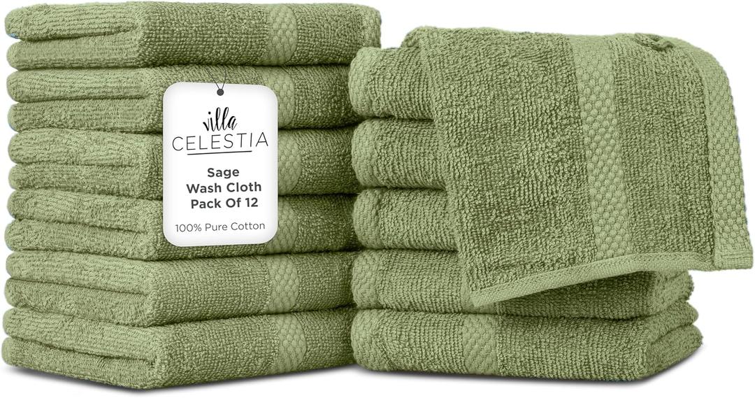 Cotton Washcloths Set of 12, 12x12 Inch, 100% Ring-Spun Combed Cotton, Soft Absorbent Quick-Dry Wash Cloths for Face and Body, Oeko-TEX Certified, Hotel & Spa Quality, Sage