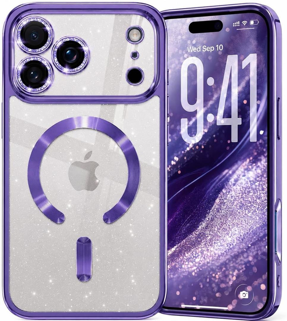 Glitter for iPhone 17 Pro Max Case with Eyecatching Integrated Lens Protection, [Sparkly Bling Back Panel] [Seamless Work with Magsafe] Cute Women Girly Magnetic Case for iPhone 17 Pro Max Purple