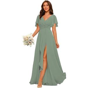 PUXIU Women's Chiffon Bridesmaid Dress 2026 Short Sleeves Formal Dress PUS032, Size: 2