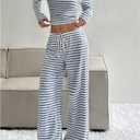 Floerns Women's 2 Piece Outfit Striped Square Neck Long Sleeve Crop Tops and Pants Set (White, XS)
