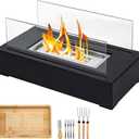 Rozato Tabletop Fire Pit with Smores Kits, Bamboo Smores Box,  Black Powder Coated Steel Base - Tempered Glass Panels - Tabletop Fireplace - Stainless-Steel Burner with Ceramic Wool Wick - Indoor Tabletop Firepit