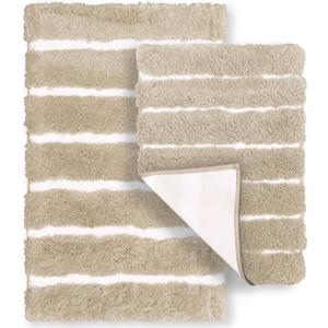 Bathroom Rugs Set 2-Piece – Soft Fluffy Stripe Rug, Bath Mat & Shower Mat, Non Slip Rubber Backing, Water Absorbent, Décor, Machine Washable Bathroom Decor, 20"x32"+17"x24", Taupe/Pure White