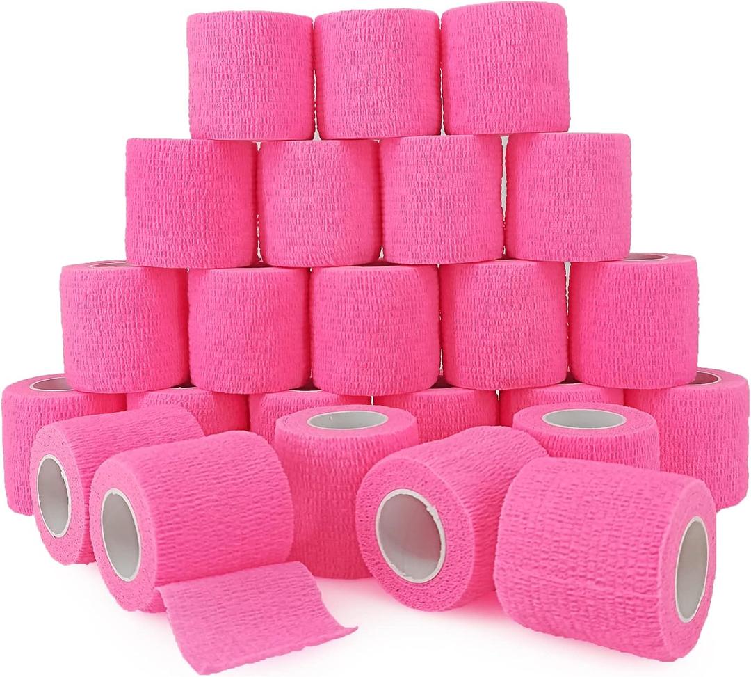 24 Pack Self Adhesive Bandage Wrap 2 Inch, Athletic Elastic Non Woven Cohesive Bandage for Sports, First Aid Medical, Wrist, Ankle Sprains, Swelling and Vet Wrap (Hot Pink)