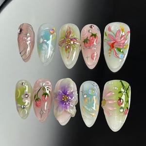 30Pcs 3D Flower Press on Nails Medium Almond Fake Nails with Pearl Rhinestones Designs Fill Cover Glue on Nails Cute Strawberry Acrylic Nails Pink Bow False Nails Star Floral Stick on Nails for Women