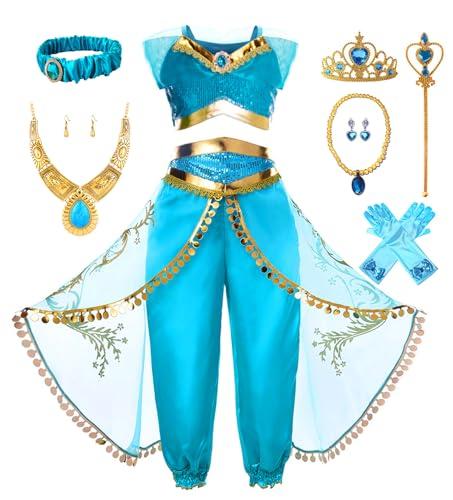 Akokvlar Girls Arabian Princess Costume Halloween Party Dress Up Outfits (Blue, 6-7 Years)