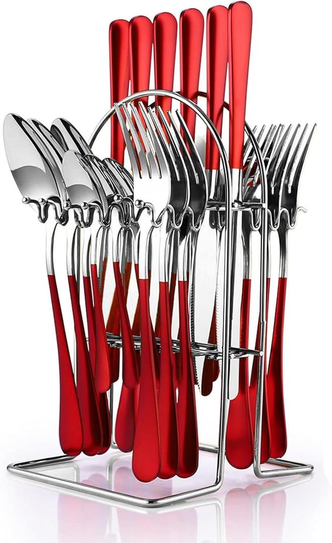 24 Pieces Flatware Set, Caliamary Stainless Steel Flatware Set with Silverware Holder Spoons Forks Knives,Utensils Set Service for 6,Gold Mirror Polished and Matte Pink Painted (Red Silver)