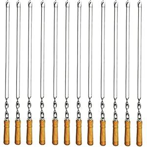 Amestar 12 Pack Kabob Skewers BBQ Barbecue Skewers Stainless Steel Sticks 23.5 Inch Heavy Duty Large Wide Reusable with Nonslip Wooden Handle Ideal for Shish Kebab Chicken Shrimp and Vegetables