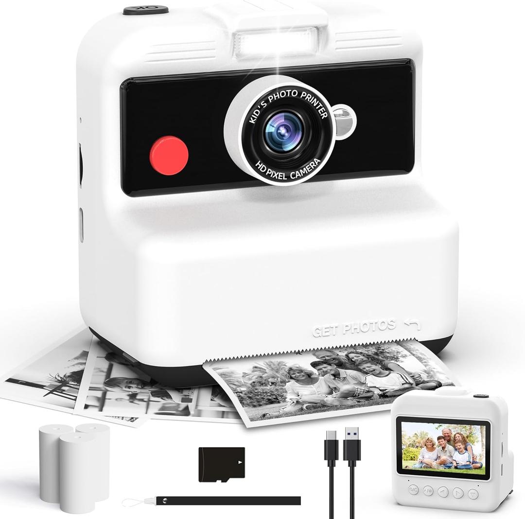 Kids Camera Instant Print, 48MP/2.5K UHD Kids Instant Print Camera, Christmas Birthday Gifts for Girls and Boys, 3.0" Screen with Print Paper & 32G Card, Toddler Toy for Age 3-14 (White)