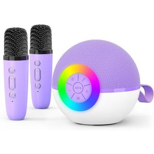 goopow Mini Karaoke Machine Speaker for Kids Adults, Portable Bluetooth Microphone Song Toys with LED Light, Best Chritmas Birthday Festival Gift for 3 4 5 6 7 8+ Year Old Girls Boys (Purple-2MIC)