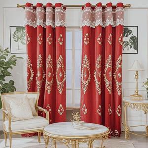 Amidoudou 1 Pair European Luxury Double Layered Flower Curtains Embroidered Curtains with Valance for Living Room Bedroom Balcony (Red,52x84 Inch)