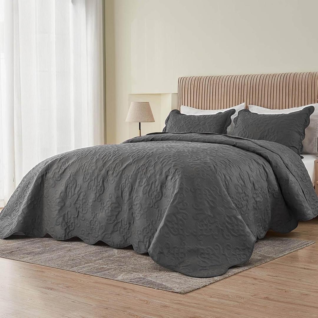 Oversized King Bedspreads 128x120 Extra Wide Quilt for Tall King/California King Bed Lightweight 3 Piece Quilted Coverlet Pillow Shams Set Dark Grey