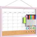 Dry Erase Calendar Cork Board Combo, 17"x13" Calendar Whiteboard for Wall, Magnetic White Board Monthly Calendar with Pink Wood Framed, Dry Erase Board for Planner Office Kitchen Home Memo