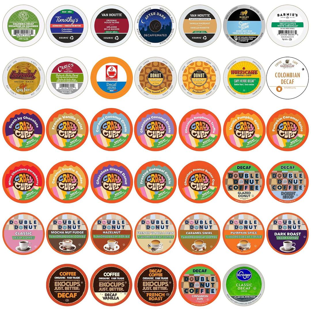 Crazy Cups Decaf Flavoured Coffee Variety Pack,Decaffeinated Flavoured Coffee Pods, Single Serve Hot or Iced Medium Roast Coffee for Keurig K Cups Machines, 40 Count (EXP 05/27/27)