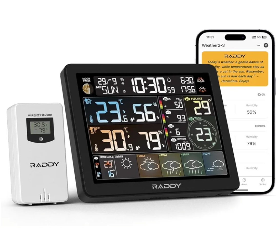 Raddy N80 WiFi Weather Station with Phone APP, Wireless Indoor Outdoor Thermometer with AI Life Assistant, 8” Display, PM2.5/AQI, UV Index, Sunrise/Sunset Time, 4 Alarms, Weather Forecast
