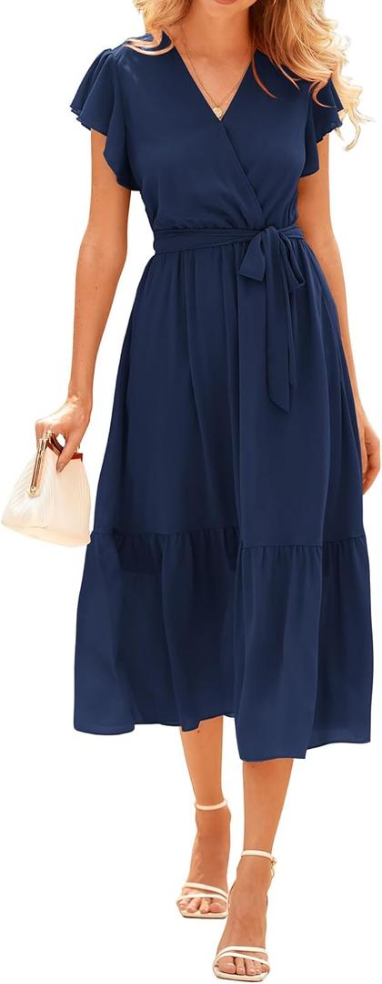 BTFBM Women Summer Bohemian Floral Casual Wrap V Neck Ruffle Cap Sleeveless Belt A-Line Pleated Hem Midi Sun Dress White(Solid Navy,Small)