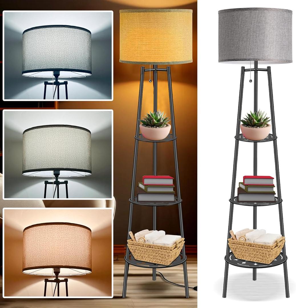 Floor Lamp with Shelves, Modern Standing Lamp with 3 Color Temperature LED Bulbs, Corner Floor Lamps for Living Room & Bedroom, Lamparas Elegantes para Sala (Gray Lampshade, 1)