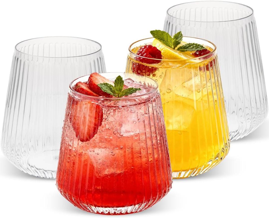 Goodluck 80 Pack 12oz Stemless Plastic Wine Glasses Clear Ribbed Cups, Elegant Reusable Disposable Drinkware for Weddings, Parties, Bars, Indoor and Outdoor Events (EXP 08/15/35)
