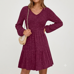 ANRABESS Women's Long Lantern Sleeve Ribbed Knit Dresses V Neck Casual 2026 Fall Winter Flowy Swing Tunic Sweater Short Dress, Burgundy, Small