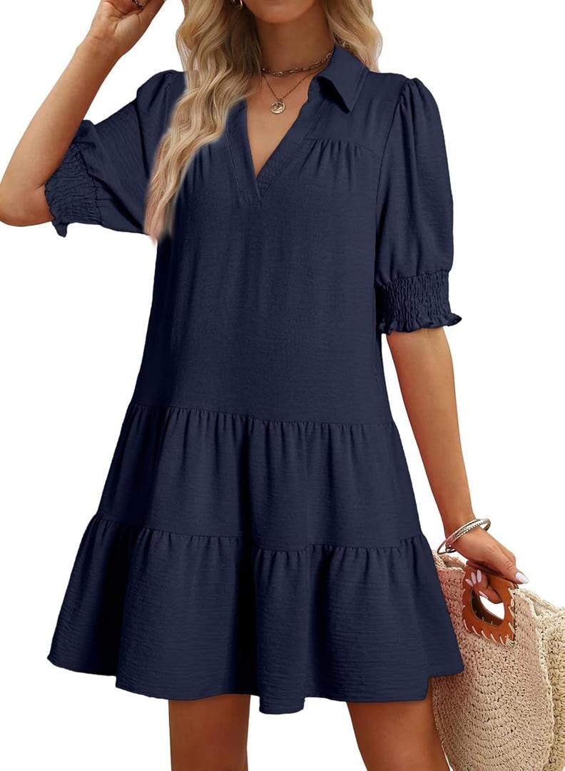 Dokotoo Casual Dresses for Women Lapel Collared V Neck Mid Sleeved Pleated Summer Dresses for Women 2026 Midi Dresses, Blue, XL