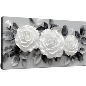 Black and White Floral Wall Art Grey Modern Canvas Prints Decor 20"x40", 20L" x 40W"