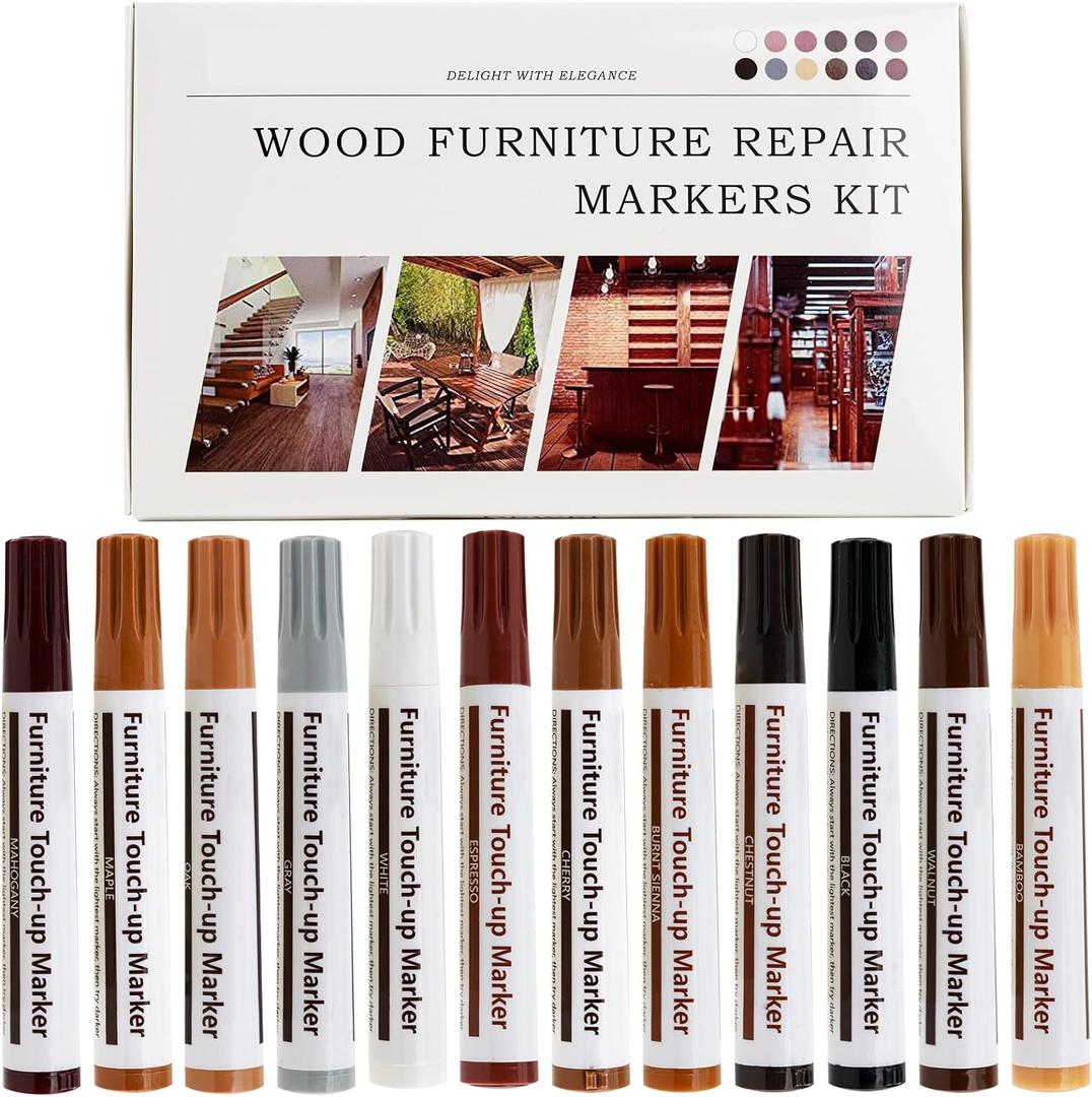 New Upgrade Furniture Pens for Touch Up, 12 Colors Wood Scratch Repair Markers, Professional Repair Tools for Stains, Scratches, Wood Floors, Tables, Bedposts (14 pcs)