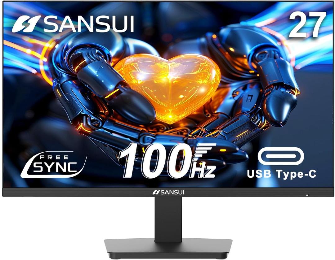 SANSUI Monitor 27 Inch 100Hz USB Type-C Computer Monitor, FHD 1920X1080P,Frameless Eye Care PC Office Monitor with HDMI, Adaptive Sync, HDR, VESA(100x100mm)ES-27F2C HDMI Cable Included