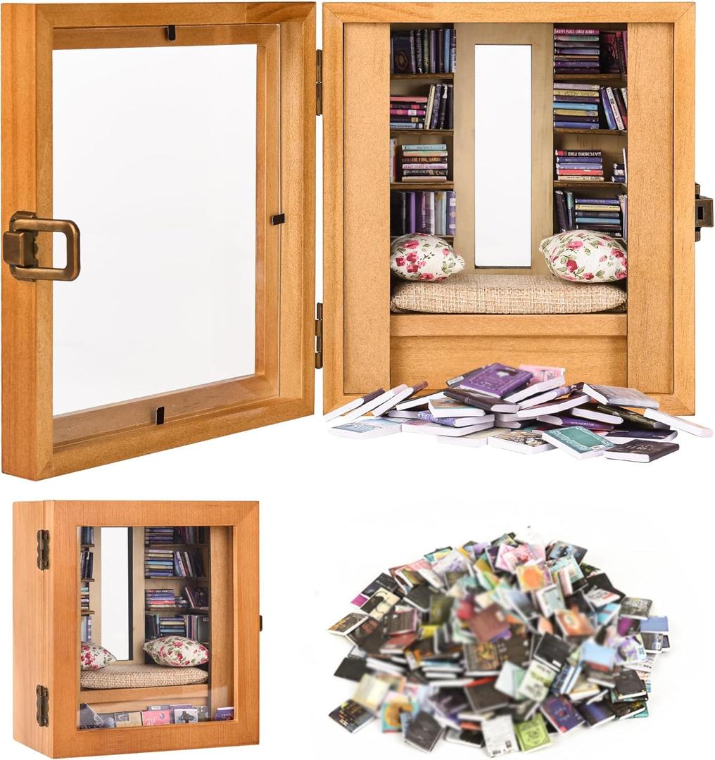 Anxiety Roomshelf Mini Bookshelf Ornament with 300pcs Mini BooksSmall Bookshelf for Book Lovers, Miniature Library Back to School Gifts,Stress-Relieving for Family and Friends