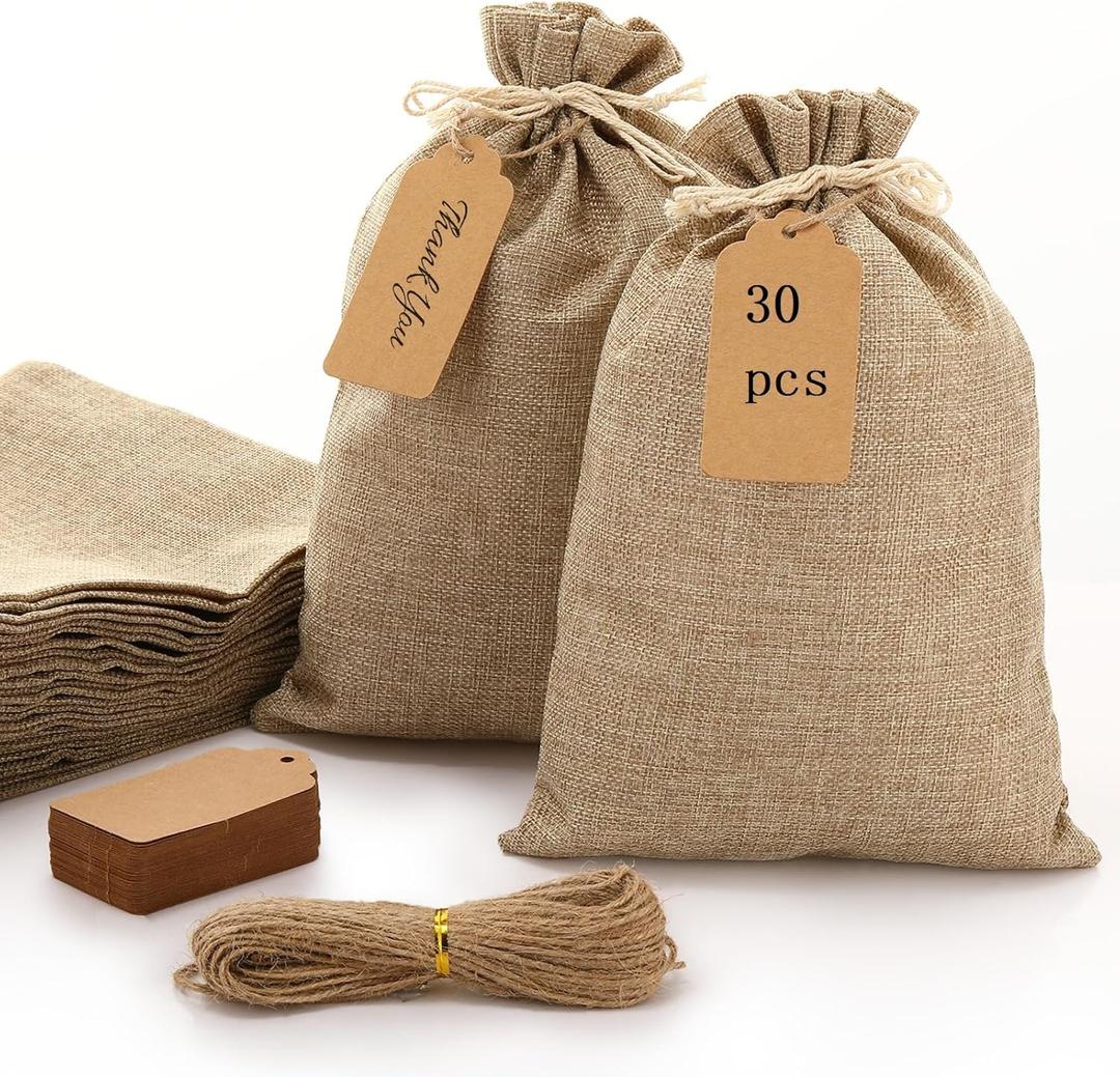 Windyun 30 Pcs Linen Drawstring Bag Burlap Gift Bags with Tags and String 8 x 12 Inches Burlap Sacks for Wedding Birthday Christmas Party Favor Gift Wrapping Bulk
