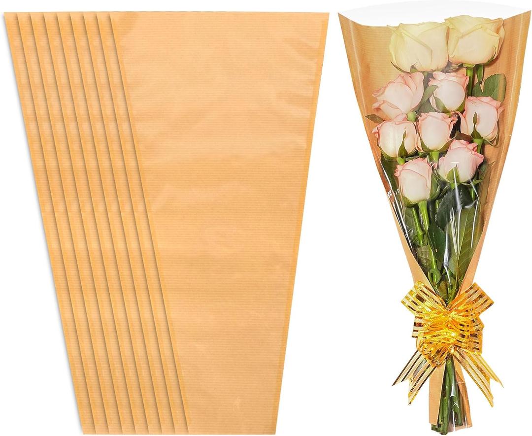 JOYIT Flower Bags for Bouquets, 50PCS Kraft Wrapping Bags, 9.8in x 18in Floral Wrapping Paper Sleeves for Floral bouquets Packaging