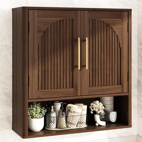 RUSTOWN Fluted Bathroom Wall Cabinet, Mid Century Modern Medicine Cabinet W/Adjustable Shelf & 2 Arched Doors, Over The Toilet Storage Cabinets for Laundry Room Kitchen Living Room, Dark Walnut