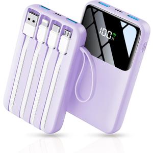Power Bank, 15000mAh Portable Charger with Built in Cable, 22.5W Fast Charging, 6 Outputs, Slim Travel Essential Battery Pack with LED Display, Compatible with iPhone 17/16/15/14/13, iPad Purple