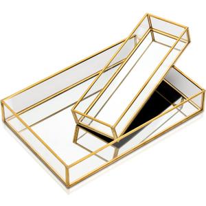 Lyellfe 2 Pack Perfume Trays, Gold Vanity Tray, Decorative Gold Mirror Tray, Non Slip Rectangular Perfume Tray, Jewelry, Bathroom