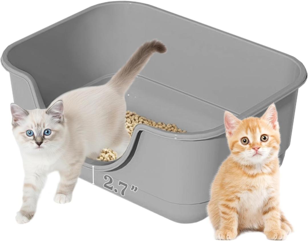 Low Entry Small Litter Box for Kittens, Kitty Plastic Litter Boxes, Open Top, Anti-Splash High Sided Litter Tray Pan for Medium Pets, Puppy, Easy to Clean, 15.7" L*11.8" W*6.7" H (Grey)