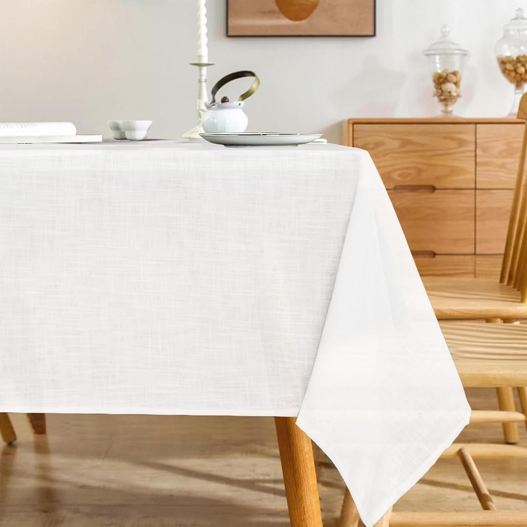 Linen Textured Rectangle Tablecloth, Slubby Lightweight Table Cloth 60 x 84 Inch, Water Resistant Stain Resistant Farmhouse Burlap Table Cover for Kitchen Dining Room (White)