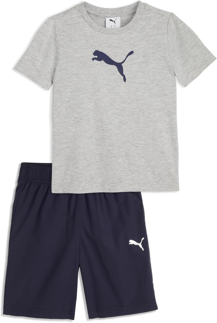 PUMA boys 2 Piece Set, Short Sleeve Cotton Jersey T-shirt & Matching Short, Small  Heather Grey