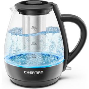 Chefman Electric Kettle with Tea Infuser, 1L 1500W, Removable Lid for Easy Cleaning, Boil-Dry Protection, Stainless Steel Filter, BPA Free, Auto Shut Off Hot Water Boiler, Small Electric Tea Kettle (Black)